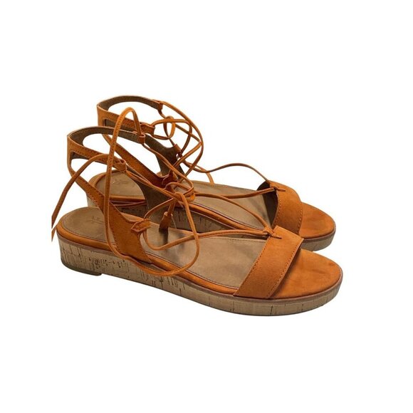 Frye Miranda Gladiator Orange Suede Lace-Up Cork Sole Sandals Flat Heel Size 9 - Picture 3 of 8